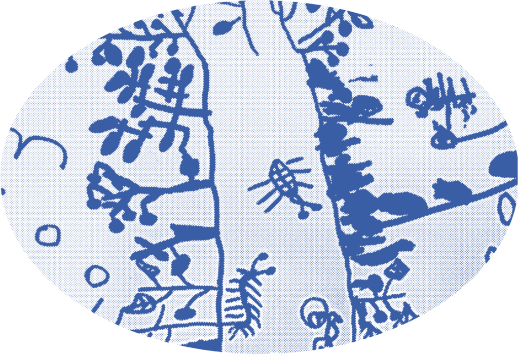 Auf dem ovalen Bild ist in blau gepunktet eine Kinderzeichnung von einem Baum und Tieren zu sehen.