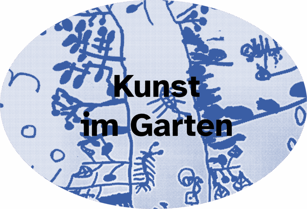 Auf dem ovalen Bild ist in blau gepunktet eine Kinderzeichnung von einem Baum und Tieren zu sehen. Im Vordergrund in der Mitte des Bildes steht: Kunst im Garten.