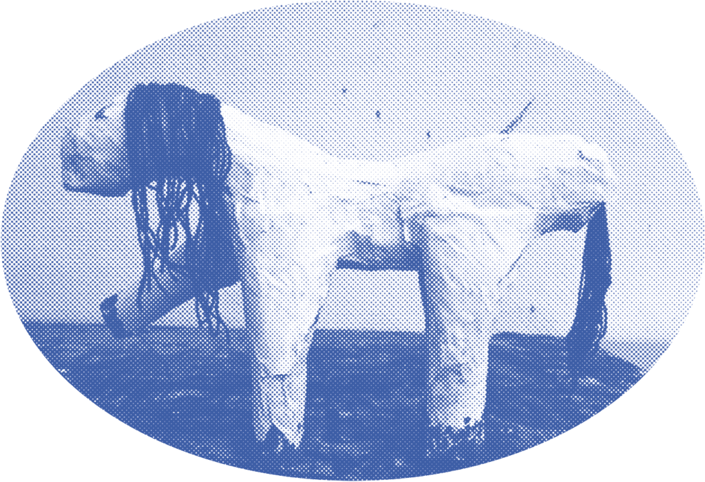 Auf dem ovalen Bild ist in blau gepunktet ein Pferd aus Pappmaché auf einem Tisch zu sehen.