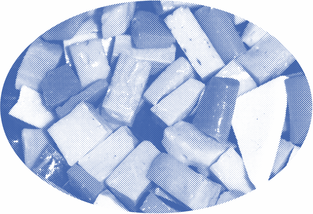 Auf dem ovalen Bild sind in blau gepunktet verschiedene Mosaiksteine von oben zu sehen.