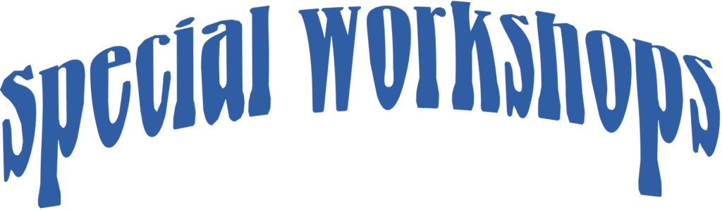 Leicht gebogener blauer Schriftzug in Schrift mit Serifen: Sepcial Workshops.