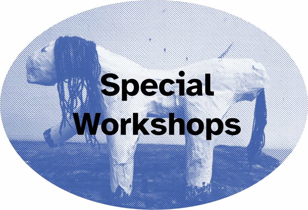 Auf dem ovalen Bild ist in blau gepunktet ein Pferd aus Pappmaché auf einem Tisch zu sehen. Im Vordergrund in der Mitte des Bildes steht: Special Workshops.