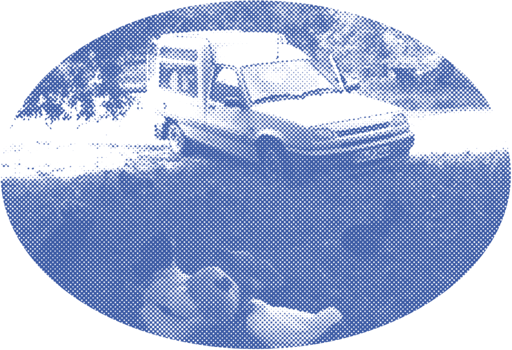 Auf dem ovalen Bild ist in blau gepunktet ein Auto auf einer Wiese zu sehen. Vor dem Auto sind Hühner und ein Hahn zu erkennen.