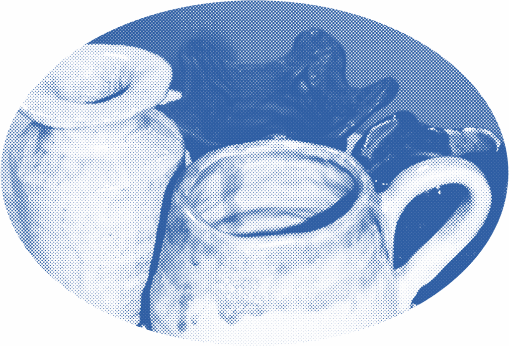 Auf dem ovalen Bild sind in blau gepunktet verschiedene getöpferte Gefäße zu sehen.